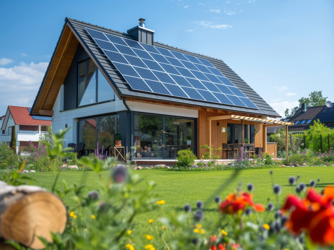 Modernes Einfamilienhaus mit großer Photovoltaikanlage auf dem Dach – Doberstein Elektrik installiert Solartechnik
